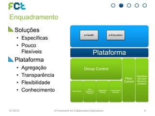 Enquadramento
Plataforma
Group Control
Call Control
Web
Conference
Features
Application
Sharing
Concurrency
Features
Floor
Control
Classifica
tion and
Recomm
endation
• Soluções
• Específicas
• Pouco
Flexíveis
• Plataforma
• Agregação
• Transparência
• Flexibilidade
• Conhecimento
9/1/2013 A Framework for Collaborative Applications 8
e-Health e-Education
 