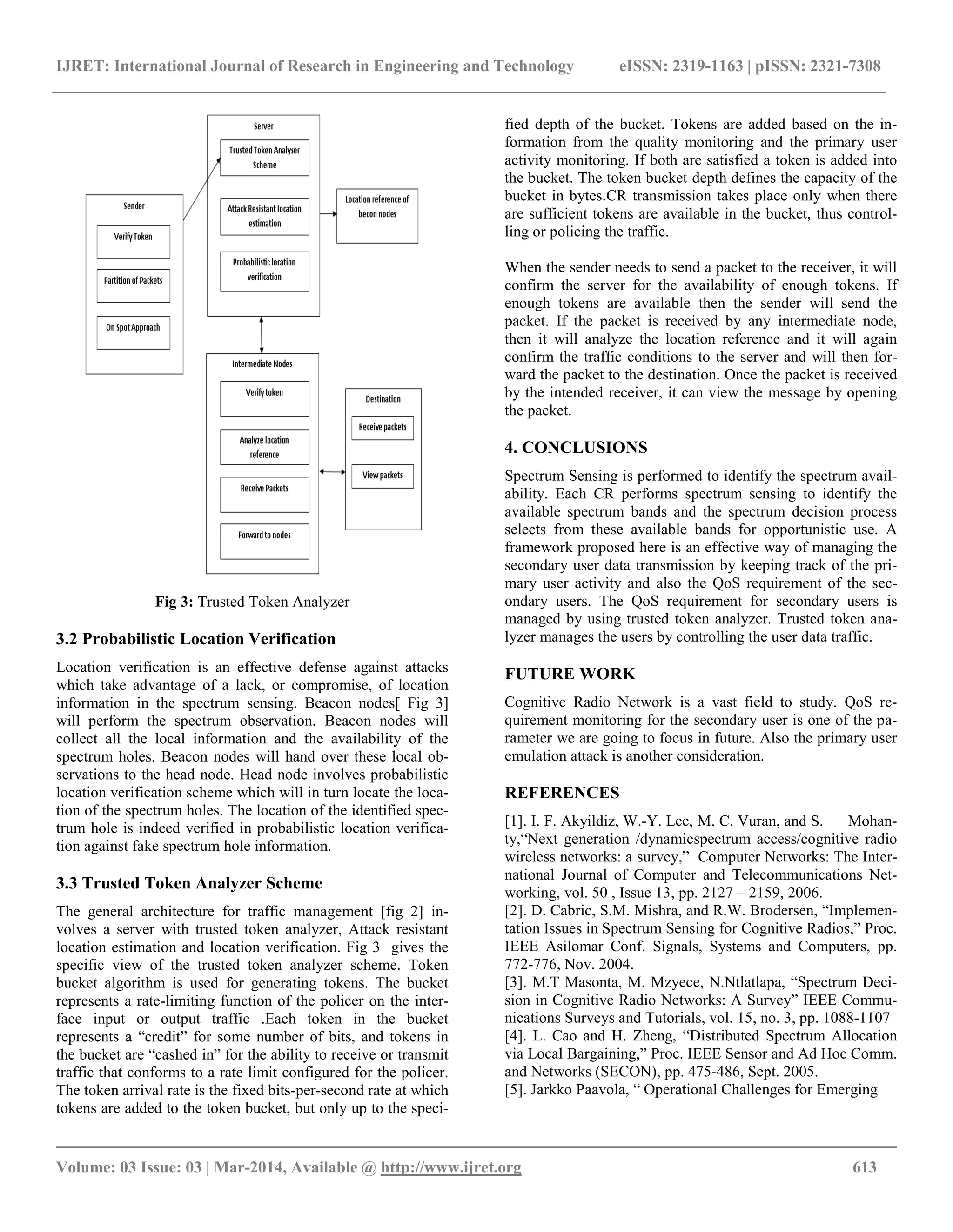 IJRET: International Journal of Research in Engineering and Technology eISSN: 2319-1163 | pISSN: 2321-7308 __________________________________________________________________________________________ Volume: 03 Issue: 03 | Mar-2014, Available @ http://www.ijret.org 613 Fig 3: Trusted Token Analyzer 3.2 Probabilistic Location Verification Location verification is an effective defense against attacks which take advantage of a lack, or compromise, of location information in the spectrum sensing. Beacon nodes[ Fig 3] will perform the spectrum observation. Beacon nodes will collect all the local information and the availability of the spectrum holes. Beacon nodes will hand over these local ob- servations to the head node. Head node involves probabilistic location verification scheme which will in turn locate the loca- tion of the spectrum holes. The location of the identified spec- trum hole is indeed verified in probabilistic location verifica- tion against fake spectrum hole information. 3.3 Trusted Token Analyzer Scheme The general architecture for traffic management [fig 2] in- volves a server with trusted token analyzer, Attack resistant location estimation and location verification. Fig 3 gives the specific view of the trusted token analyzer scheme. Token bucket algorithm is used for generating tokens. The bucket represents a rate-limiting function of the policer on the inter- face input or output traffic .Each token in the bucket represents a “credit” for some number of bits, and tokens in the bucket are “cashed in” for the ability to receive or transmit traffic that conforms to a rate limit configured for the policer. The token arrival rate is the fixed bits-per-second rate at which tokens are added to the token bucket, but only up to the speci- fied depth of the bucket. Tokens are added based on the in- formation from the quality monitoring and the primary user activity monitoring. If both are satisfied a token is added into the bucket. The token bucket depth defines the capacity of the bucket in bytes.CR transmission takes place only when there are sufficient tokens are available in the bucket, thus control- ling or policing the traffic. When the sender needs to send a packet to the receiver, it will confirm the server for the availability of enough tokens. If enough tokens are available then the sender will send the packet. If the packet is received by any intermediate node, then it will analyze the location reference and it will again confirm the traffic conditions to the server and will then for- ward the packet to the destination. Once the packet is received by the intended receiver, it can view the message by opening the packet. 4. CONCLUSIONS Spectrum Sensing is performed to identify the spectrum avail- ability. Each CR performs spectrum sensing to identify the available spectrum bands and the spectrum decision process selects from these available bands for opportunistic use. A framework proposed here is an effective way of managing the secondary user data transmission by keeping track of the pri- mary user activity and also the QoS requirement of the sec- ondary users. The QoS requirement for secondary users is managed by using trusted token analyzer. Trusted token ana- lyzer manages the users by controlling the user data traffic. FUTURE WORK Cognitive Radio Network is a vast field to study. QoS re- quirement monitoring for the secondary user is one of the pa- rameter we are going to focus in future. Also the primary user emulation attack is another consideration. REFERENCES [1]. I. F. Akyildiz, W.-Y. Lee, M. C. Vuran, and S. Mohan- ty,“Next generation /dynamicspectrum access/cognitive radio wireless networks: a survey,” Computer Networks: The Inter- national Journal of Computer and Telecommunications Net- working, vol. 50 , Issue 13, pp. 2127 – 2159, 2006. [2]. D. Cabric, S.M. Mishra, and R.W. Brodersen, “Implemen- tation Issues in Spectrum Sensing for Cognitive Radios,” Proc. IEEE Asilomar Conf. Signals, Systems and Computers, pp. 772-776, Nov. 2004. [3]. M.T Masonta, M. Mzyece, N.Ntlatlapa, “Spectrum Deci- sion in Cognitive Radio Networks: A Survey” IEEE Commu- nications Surveys and Tutorials, vol. 15, no. 3, pp. 1088-1107 [4]. L. Cao and H. Zheng, “Distributed Spectrum Allocation via Local Bargaining,” Proc. IEEE Sensor and Ad Hoc Comm. and Networks (SECON), pp. 475-486, Sept. 2005. [5]. Jarkko Paavola, “ Operational Challenges for Emerging 