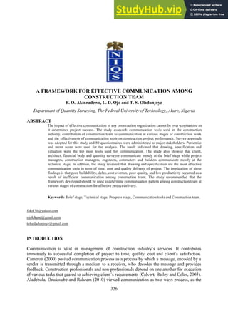 A FRAMEWORK FOR EFFECTIVE COMMUNICATION AMONG CONSTRUCTION TEAM | PDF