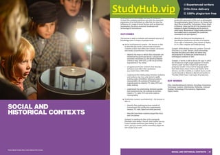 SOCIAL AND HISTORICAL CONTEXTS | 21
SOCIAL AND
HISTORICAL CONTEXTS
A rounded film literacy implies an understanding
of the relationship between the wider socio-historical
conditions in which film is produced and related
developments in technology and sites of reception.
A close film analysis embraces not only the conscious
expression of an individual or collective, but also the
influence of a range of social factors such as historical
movements, the socio-economic landscape and
technological innovations.
OUTCOMES
The learner is able to evaluate and interpret sources of
knowledge from a variety of perspectives:
■ Social and historical context - the learner is able
to describe the social, cultural and economic
contexts of film that affect the content, structure
and modes of production. For example:
– Identify the ways in which film industries are
influenced by particular social, cultural and
economic situations (e.g. the growth of Migrant
Cinema in Italy, 2000-2015, or the rise of German
Exprssionism in the 1920s)
– recognise particular contexts that directly
influence and affect film aesthetics:
(e.g. Soviet Union, 1920-1940)
– understand the relationships between industry
and audience (eg. how early cinema’s rapidly
evolving modes of exhibition influenced audience
viewing habits; the evolution of broadcast and
corporate practices related to TV, video, DVD and
online viewing)
– understand the relationship between people
and institutions (eg. the evolution of practices
related to TV, video, DVD and online audience
viewing habits)
■ Production context: non/industrial – the learner is
able to:
– identify film-making practices outside of
mainstream film production (experimental,
amateur, TV, video, digital and online practices)
– describe how these contexts shape film form
and circulation
Example: In watching the films of the avantgarde
filmmaker Jonas Mekas a learner could consider how his
context (outside mainstream film-making; as a ‘film
artist’; part of a counter-cultural movement) shapes the
look and feel of his work
■ Technological context - the learner is able to:
– recognise the historical and ongoing
technological developments in terms of film
production (precursors of film such as photography,
chronophotography, Magic Lanterns, the change from
silent film to sound film, Technicolour, 70mm, length
of filmstrip, 16mm and the 60’s, the transition from
analogue to digital filmmaking and the extent to
which newly ‘democratised’ digital media production
has enabled and/or constrained film production,
consumption and participation.)
– identify the historical development of
distribution platforms and sites of reception
(From cafés to nikolodeons, from cinemas to display
on TV, video, computer and mobile devices)
Example: While thinking about the Lumières’ ‘L’arrivée
d’un train à La Ciotat’ learners would acknowledge
that their first films were silent, one minute long
and projected in 16 frames per second because of
technological conditions in 1895.
Example: A learner is able to discuss the ways in which
the introduction of light weight equipment in the 60s
(camera, audio recorder) transformed audiovisual
production (smaller crews) and the language of film:
hand-held camera Direct Cinema and Cinéma vérité
directors used this modality as a stylistic device, as did
Gareth Edwards in ‘Monsters’; Myrick and Sanchez in
‘The Blair Witch Project’ and Dogme 95 productions.
KEY WORDS
Film, Interdisciplinarity, History, Sociology, Economics,
Technique, Context, Distribution, Platforms, Cultural
Studies, Technology, Film industry, Digitisation,
Digital media
Photo: Marta Portales Oliva, Czech National Film Archive
 