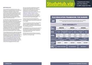 FILM EDUCATION FRAMEWORK FOR EUROPE | 7
6 | INTRODUCTION
METHODOLOGY
The Framework for Film Education draws on the
expertise of a number of key agencies and individuals.
Screening Literacy established a cohort of around
50 people into a Film Literacy Advisory Group:
a loose and open affiliation of expertise across more
than 20 countries which included academics, NGOs,
government agencies, teachers and teacher trainers,
cinema educators and industry-funded bodies.
The Framework for Film Education went back to
many of these people, and some others, in order to
design an outcomes-based model.
An audit of key outcomes-led film education initiatives
was carried out in August 2014 and used as the
beginning of a conversation about how film education
was conceived across Europe. Then representatives
from organisations in 20 countries participated in
a series of seminars held between October 2014 and
January 2015. Working Groups of five or six people
were established, each focusing on one of the key
dimensions of film education: the Critical (understanding,
analysing, and enjoying film); the Creative (making and
participating in film culture, across different platforms);
and the Cultural (the intellectual, aesthetic and
emotional development exemplified in choosing,
discovering, and exploring film in all its varied forms).
The working groups were also tasked with identifying
a series of ‘areas of learning’ which would support the
development of the 3 C’s and which were felt to be
fundamental to film education. The groups distinguished
the following key areas: the specificity of film; the
social and collaborative, and personal and expressive
nature of film; the importance of personal critical
response; the importance of viewing a wide range
of film; of knowing something of film’s institutional,
historical and technological development; and of the
overall importance of continuing reflection and
revision of one’s engagement with film culture.
Each ‘area of learning’ is subdivided into detailed
learning outcomes, and linked to the kinds of
experience which might lead to their achievement.
Further, there are some ‘high level outcomes’
(identified as learners with the attributes of
critical thinkers, adventurous creators, expressive
individuals, sensitive contributors, active
collaborators, confident explorers, informed
participants, discerning audiences, enthusiastic
advocates, independent learners, and engaged
citizens) that will help film educators explain how
film education links to wider learning goals.
Finally we specify some ‘learning dispositions’
(curiosity, empathy, tolerance, aspiration, enjoyment)
that will support learners, and that film education will
in turn support.
The areas of learning are themselves underpinned by
a series of exemplar ‘experiences’ which enable
learners to express and explore the distinctiveness of
film, and there is a direct link from these experiences
to a set of learning outcomes.
In developing these areas of learning and the experiences
that support them the group also proposed that all
learners should participate, practise and understand
the processes involved in the critical, creative and
cultural approaches to film.
The final outcome, the Film Education Framework
for Europe is the result of this work. It is summarised
in grid form on the opposite page.
THE FRAMEWORK
FILM EDUCATION FRAMEWORK FOR EUROPE
FILM SENSIBILITY
AIM To inspire and equip people across Europe to be able to access, enjoy, understand,
create, explore, and share film in all its forms throughout their lives
KEY
DIMENSIONS
OF FILM
EDUCATION
CREATIVE
Processes | Practices | Participation
CRITICAL
Processes | Practices | Participation
CULTURAL
Processes | Practices | Participation
AREAS OF
LEARNING
Specificities
of film
Social, personal
and collaborative
processes
Critical personal
response
Wider film
engagment
Historic and
Institutional
context
Reflective
learning
LEARNING
OUTCOMES
Critical thinkers
Adventurous
creators
Expressive
individuals
Sensitive
contributors
Reflective
practitioners
Active
collaborators
Confident
explorers
Informed
participants
Discerning
audiences
Enthusiastic
advocates
Independent
learners
Engaged citizens
EXPERIENCES
DISPOSITION
FOR LIFELONG
LEARNING
CURIOSITY EMPATHY ASPIRATION TOLERANCE ENJOYMENT
CONNECTING
TO LIFE
AND WORK
PERSONAL DEVELOPMENT CIVIC RESPONSIBILITY EMPLOYABILITY
Engage with film
in all its forms
Experience creative opportunities
in film making
Reflect on national and
world cultures
Identify, question and reflect
on ideas and values
Experience film
in the cinema
Discover film
from the past
Experience the art
of film
 