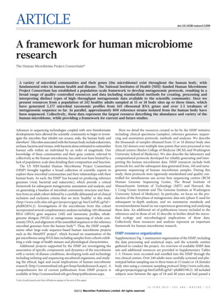 ARTICLE                                                                                                                                           doi:10.1038/nature11209




A framework for human microbiome
research
The Human Microbiome Project Consortium*



   A variety of microbial communities and their genes (the microbiome) exist throughout the human body, with
   fundamental roles in human health and disease. The National Institutes of Health (NIH)-funded Human Microbiome
   Project Consortium has established a population-scale framework to develop metagenomic protocols, resulting in a
   broad range of quality-controlled resources and data including standardized methods for creating, processing and
   interpreting distinct types of high-throughput metagenomic data available to the scientific community. Here we
   present resources from a population of 242 healthy adults sampled at 15 or 18 body sites up to three times, which
   have generated 5,177 microbial taxonomic profiles from 16S ribosomal RNA genes and over 3.5 terabases of
   metagenomic sequence so far. In parallel, approximately 800 reference strains isolated from the human body have
   been sequenced. Collectively, these data represent the largest resource describing the abundance and variety of the
   human microbiome, while providing a framework for current and future studies.


Advances in sequencing technologies coupled with new bioinformatic                                Here we detail the resources created so far by the HMP initiative
developments have allowed the scientific community to begin to invest-                         including: clinical specimens (samples), reference genomes, sequen-
igate the microbes that inhabit our oceans, soils, the human body and                          cing and annotation protocols, methods and analyses. We describe
elsewhere1. Microbes associated with the human body include eukaryotes,                        the thousands of samples obtained from 15 or 18 distinct body sites
archaea, bacteria and viruses, with bacteria alone estimated to outnumber                      from 242 donors over multiple time points that were processed at two
human cells within an individual by an order of magnitude. Our                                 clinical centres (Baylor College of Medicine (BCM) and Washington
knowledge of these communities and their gene content, referred to                             University School of Medicine). We also describe the laboratory and
collectively as the human microbiome, has until now been limited by a                          computational protocols developed for reliably generating and inter-
lack of population-scale data detailing their composition and function.                        preting the human microbiome data. HMP resources include both
   The US NIH-funded Human Microbiome Project Consortium                                       protocols for, and the subsequent data generated from, 16S and meta-
(HMP) brought together a broad collection of scientific experts to                             genomic sequencing of human microbiome samples. During this
explore these microbial communities and their relationships with their                         study, these protocols were rigorously standardized and quality con-
human hosts. As such, the HMP2 has focused on producing reference                              trolled for simultaneous use across four sequencing centres (BCM
genomes (viral, bacterial and eukaryotic), which provide a critical                            Human Genome Sequencing Center, The Broad Institute of
framework for subsequent metagenomic annotation and analysis, and                              Massachusetts Institute of Technology (MIT) and Harvard, the
on generating a baseline of microbial community structure and func-                            J. Craig Venter Institute and The Genome Institute at Washington
tion from an adult cohort defined by a carefully delineated set of clinical                    University School of Medicine). In particular, we focus on the pro-
inclusion and exclusion criteria that we term ‘healthy’ in this study                          duction of the first phase of metagenomic data sets (phase I) used for
(http://www.ncbi.nlm.nih.gov/projects/gap/cgi-bin/GetPdf.cgi?id5                               subsequent in-depth analyses, and we summarize standards and
phd002854.2). Investigations of the microbiome from this cohort                                recommendations based on our experiences generating and analysing
incorporated several complementary analyses including: 16S ribosomal                           these data. An additional set of publications (many included in the
RNA (rRNA) gene sequence (16S) and taxonomic profiles, whole-                                  references and in those of ref. 4) describe in further detail the micro-
genome shotgun (WGS) or metagenomic sequencing of whole com-                                   bial ecology and microbiological implications of these data.
munity DNA, and alignment of the assembled sequences to the reference                          Collectively these resources and analyses represent an important
microbial genomes from the human body3,4. Thus, the HMP comple-                                framework for human microbiome research.
ments other large-scale sequence-based human microbiome projects
such as the MetaHIT project5, which focused on examination of the                              HMP resource organization
gut microbiome using WGS data including samples from cohorts exhib-                            Supplementary Fig. 1 summarizes organization of the HMP, including
iting a wide range of health statuses and physiological characteristics.                       the data processing and analytical steps, and the scientific entities
   Additional projects supported by the HMP are investigating the                              gathered to conduct the project. An overview of available HMP data
association of specific components and dynamics of the microbiome                              sets and additional resources are provided in Supplementary Tables
with a variety of disease conditions, developing tools and technology                          1–3. Donors were recruited and enrolled into the HMP through the
including isolating and sequencing uncultured organisms, and study-                            two clinical centres. Over 240 adults were carefully screened and phe-
ing the ethical, legal and social implications of human microbiome                             notyped before sampling one to three times at 15 (male) or 18 (female)
research (http://commonfund.nih.gov/hmp/fundedresearch.aspx). A                                body sites using a common sampling protocol (http://www.ncbi.nlm.
comprehensive list of current publications from HMP projects is                                nih.gov/projects/gap/cgi-bin/GetPdf.cgi?id5phd003190.2). All included
available at http://commonfund.nih.gov/hmp/publications.aspx.                                  subjects were between the ages of 18 and 40 years and had passed a
*Lists of participants and their affiliations appear at the end of the paper.


                                                                                                                         1 4 J U N E 2 0 1 2 | VO L 4 8 6 | N AT U R E | 2 1 5
                                                               ©2012 Macmillan Publishers Limited. All rights reserved
 