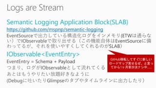 Semantic Logging Application Block(SLAB)
https://github.com/mspnp/semantic-logging
IObservable<EventEntry>
 