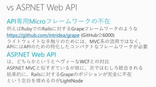 API専用Microフレームワークの不在
https://github.com/intridea/grape
ASP.NET Web API
 