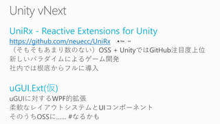 UniRx - Reactive Extensions for Unity
https://github.com/neuecc/UniRx
uGUI.Ext(仮)
 