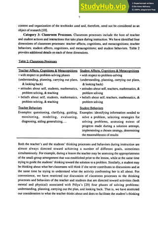 7
content and organization of the textbooks used and, therefore, need not be considered as an
object ofresearch [10].
Category 3: Classroom Processes. Classroom processes include the host of teacher
and student actions and interactions that take place during instruction. We have identified four
dimensions of classroom processes: teacher affects, cognitions, and metacognitions; teacher
behaviors; student affects, cognitions, and metacognitions; and student behaviors. Table 2
provides additional details on each of these dimensions.
Table 2: Oassroom Processes
Teacher Affects. Cognitions & Metacognitions Student Affects. Cognitions & Metacognitions
• with respect to problem-solving phases • with respect to problem-solving
(understanding, planning, carrying out plans, (understanding, planning, carrying out plans,
& looking back) & looking back)
• attitudes about self, students, mathematics, • attitudes about self, teachers, mathematics, &
problem solving, & teaching problem solving
• beliefs about self, students, mathematics, • beliefs about self, teachers, mathematics, &
problem solving, & teaching problem solving
Teacher Behaviors Student Behaviors
Examples: questioning, clarifying, guiding, Examples: identifying information needed to
monitoring, modeling, evaluating, solve a problem, selecting strategies for
diagnosing, aiding generalizing, ... solving problems, assessing extent of
progress made during a solution attempt,
implementing a chosen strategy, determining
the reasonableness ofresults
Both the teacher's and the students' thinking processes and behaviors during instruction are
almost always directed toward achieving a number of different goals, sometimes
simultaneously. For example, during a lesson the teacher may be assessing the appropriateness
of the small-group arrangement that was established prior to the lesson, while at the same time
trying to guide the students' thinking toward the solution to a problem. Similarly, a student may
be thinking about what her classmates will think if she never contributes to discussions and at
the same time be trying to understand what the activity confronting her is all about. For
convenience, we have restricted our discussion of classroom processes to the thinking
processes and behaviors of the teacher and students that are directed toward activities (both
mental and physical) associated with P6lya's [29] four phases of solving problems:
understanding, planning, carrying out the plan, and looking back. That is, we have restricted
our consideration to what the teacher thinks about and does to facilitate the student's thinking
 