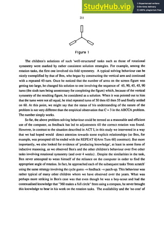 211
Figure 1
The children's solutions of such 'well-structured' tasks such as those of rotational
symmetry were marked by rather consistent solution strategies. For example, among the
rotation tasks, the fIrst one involved six-fold symmetry. A typical solving behaviour can be
nicely exemplifIed by that of Ben, who began by constructing the vertical arm and continued
with a repeated 45-tum. Once he noticed that the number of atms on the screen fIgure was
getting too large, he changed his solution to one involving the sequence of 45, 90, 45, 45, 90
turns (the sixth tum being unnecessary for completing the fIgure) which, because of the vertical
symmetry of the resulting fIgure, he considered as a solution. When it was pointed out to him
that the turns were not all equal, he tried repeated turns of 50 then 65 then 55 and finally settled
on 60. At this point, we might say that the status of his understanding of the nature of the
problem is not very different than the empirical observation that C =3 in the ABCCA problem.
The number simply works.
So far, the above problem-solving behaviour could be termed as a reasonable and efficient
use of the computer, as feedback has led to adjustments till the correct rotation was found.
However, in contrast to the situation described in ACT I, in this study we intervened in a way
that we had hoped would direct attention towards some explicit relationships (so Ben, for
example, was prompted till he ended with the REPEAT 6[Arm Tum 60] construct). But more
importantly, we also looked for evidence of 'producing knowledge', at least in some form of
inductive reasoning, as we observed Ben's and the other children's behaviour over five other
tasks involving rotational symmetry (and over 4 weeks) . Despite the similarities in the task,
Ben never attempted to wean himself of the reliance on the computer in order to fInd the
appropriate angle of rotation. In fact, he approached each of the subsequent tasks 'from scratch'
using the same strategy involving the cycle guess ｾ＠ feedback ｾ＠ patch-up. This behaviour was
rather typical of many other children whom we have observed over the years. What was
perhaps more striking in Ben's case was that even though he was a boy-scout and had the
contexualised knowledge that "360 makes a full circle" from using a compass, he never brought
this knowledge to bear in his work on the rotation tasks. The availability and the 'no cost' of
 