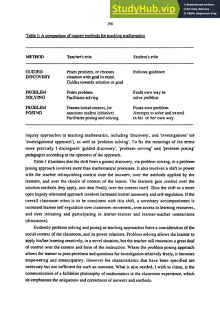 290
Table 1: A comparison of inquiry methods for teaching mathematics
ME1HOD
GUIDED
DISCOVERY
PROBLEM
SOLVING
PROBLEM
POSING
Teacher's role
Poses problem, or chooses
situation with goal in mind.
Guides towards solution or goal
Poses problem
Facilitates solving
Frames initial context, (or
sanctions student initiative)
Facilitates posing and solving
Student's role
Follows guidance
Finds own way to
solve problem
Poses own problem
Attempts to solve and extend
in his or her own way.
inquiry approaches to teaching mathematics, including 'discovery', and 'investigations' (or
'investigational approach'), as well as 'problem solving'. To fix the meanings of the terms
more precisely I distinguish 'guided discovery', 'problem solving' and 'problem posing'
pedagogies according to the openness of the approach.
Table 1 illustrates that the shift from a guided discovery, via problem solving, to a problem
posing approach involves more than mathematical processes. It also involves a shift in power
with the teacher relinquishing control over the answers, over the methods applied by the
learners, and over the choice of content of the lesson. The learners gain control over the
solution methods they apply, and then finally over the content itself. Thus the shift to a more
open inquiry orientated approach involves increased learner autonomy and self-regulation. If the
overall classroom ethos is to be consistent with this shift, a necessary accompaniment is
increased learner self-regulation over classroom movement, over access to learning resources,
and over initiating and participating in learner-learner and learner-teacher interactions
(discussion).
Evidently problem solving and posing as teaching approaches force a consideration of the
social context of the classroom, and its power relations. Problem solving allows the learner to
apply his/her learning creatively, in a novel situation, but the teacher still maintains a great deal
of control over the content and form of the instruction. Where the problem posing approach
allows the learner to pose problems and questions for investigation relatively freely, it becomes
empowering and emancipatory. However the characteristics that have been specified are
necessary but not sufficient for such an outcome. What is also needed, I wish to claim, is the
communication of a fallibilist philosophy of mathematics in the classroom experience, which
de-emphasizes the uniqueness and correctness of answers and methods.
 