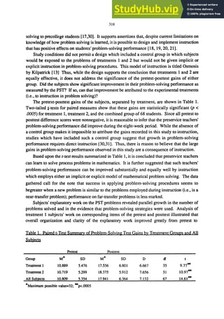 318
solving to precollege students [17,30]. It supports assertions that, despite current limitations on
knowledge of how problem solving is learned, it is possible to design and implement instruction
that has positive effects on students' problem-solving perfonnance [18, 19,20,21].
Study conditions did not pennit a design which included a control group in which subjects
would be exposed to the problems of treatments I and 2 but would not be given implicit or
explicit instruction in problem-solving procedures. This model of instruction is titled Osmosis
by Kilpatrick [13] Thus, while the design supports the conclusion that treatments 1 and 2 are
equally effective, it does not address the significance of the pretest-posttest gains of either
group. Did the subjects show significant improvement in their problem-solving perfonnance as
measured by the PST? If so, can that improvement be attributed to the experimental treatments
(i.e., to instruction in problem solving)?
The pretest-posttest gains of the subjects, separated by treatment, are shown in Table 1.
Two-tailed l-tests for paired measures show that these gains are statistically significant (p <
.0005) for treatment I, treatment 2, and the combined group of 68 students. Since all pretest to
posttest difference scores were nonnegative, it is reasonable to infer that the preservice teachers'
problem-solving performance did improve during the eight-week period. While the absence of
a control group makes it impossible to attribute the gains recorded in this study to instruction,
studies which have included such a control group suggest that growth in problem-solving
performance requires direct instruction [30,31]. Thus, there is reason to believe that the large
gains in problem-solving performance observed in this study are a consequence of instruction.
Based upon the t-test results summarized in Table I, it is concluded that preservice teachers
can learn to solve process problems in mathematics. It is further suggested that such teachers'
problem-solving perfonnance can be improved substantially and equally well by instruction
which employs either an implicit or explicit model of mathematical problem solving. The data
gathered call for the note that success in applying problem-solving procedures seems to
begreater when a new problem is similar to the problems employed during instruction (Le., is a
near-transfer problem); perfonnance on far-transfer problems is less marked.
Subjects' explanatory work on the PST problems revealed parallel growth in the number of
problems solved and in the evidence that problem-solving strategies were used. Analysis of
treatment 1 subjects' work on corresponding items of the pretest and posttest illustrated that
overall organization and clarity of the explanatory work improved greatly from pretest to
Table 1. Paired t-Test Summary of Problem-Solvin& Test Gains by Treatment Groups and All
Subjects
Pretest Posttest
Group M* SD M* SD D <f t
Treatment 1 10.889 5.476 17.556 6.801 6.667 35 9.77-
Treatment 2 10.719 5.299 18.375 5.912 7.656 31 10.97-
All Subjects 10.809 5.354 17.941 6.364 7.132 67 14.61-
*Maximum possible value=32; ..p<.OOO5
 