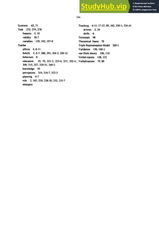 Systemic 62. 71
Task 272.274.278
features 5. 10
validity 36-7
variables 129. 195. 197-9
Teacher
affects 4.6-11
346
Teaching 6-11. 17-27.89.162.330-1.334-41
actions 2. 24
skills 6
Terminals 98
Theoretical frame 78
Triple Representation Model 260-1
Validation 156.160-1
beliefs 4.6-7.288.291.304-5.309-12 van Hiele theory 106.110
behaviors 8 Verbal reports 128. 132
education 10.70.221-2.225-6.237. 302-4. Verbalizations 79.88
309.315.327.329-31.340-2
knowledge 10
perceptions 314.316-7.322-3
planning 6-7
role 2.183.220.228-30.232.235-7
strategies
 