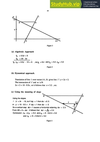 5
(a) Algebraic Approach
x
A =0.5y + 5
xB =20 - 2y
49
Figure 3
ｾＭ xB = 2.5y - 15 = 6 ,soJA = 8.4 and x
A = 9.2 ;xB = 3.2
Figure 4
(b) Dynamical approach.
Translation of line lover vector (-6 ,0) gives line 1': y =2x + 2.
The intersection of I' and m is B:
2x + 2 =10 - O.Sx , so it follows that x =3.2 ,etc.
(c) Using the meaning of slope
ｂｾｾＭＭＭＭＭＭＭＭＭＭＭＭＭＭＭＭＭＭＭＭＭＭＭＭｾ＠
Using the slopes
I :y=2x -10,soifAy=1thenAx =0.5
m :y = 10 - 0.5 x . If Ay = 1 then Ax =-2
So a vertical step AY = 1 causes a horizontal widening Ax = 2.5
From AB = 6 = Ax it follows that AY = ＲｾＵ＠ = 2.4
Conclusion: yA =y B =8.4 and xB =8 - 2x2.4 = 3.2
and xA =8 + 0.5x2.4 = 9.2
Figure 5
 