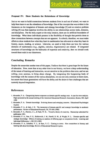 73
Proposal IV: Show Students the Relatedness of Knowledge
Just as we want to build connections between students lives in and out of school, we want to
help them learn to see the relatedness of knowledge. One of the concepts that was evident in the
literatures on the integration of domain and strategy knowledge [3] and on creative problem
solving [4] was that expertise involves the ability to see relationships across tasks, domains,
and disciplines. For the truly expert or the truly creative, there are no artificial boundaries of
knowledge. What these individuals possess is the flexibility of thought that permits them to
draw connections between concepts that are not apparent. In schools, therefore, we must make
efforts to show students how what they learn in mathematics has relevance to what they learn in
history, music, reading, or science. Likewise, we need to help them see how the various
domains of mathematics (e.g., algebra, calculus, trigonometry) are related. If integrated
structures of knowledge are the hallmarks of expertise and creativity, then we should work
toward these ends in our classrooms.
Concluding Remarks
Despite the somewhat somber tone of this paper, I believe that there is great hope for the future
of education. Now, more than at any other time in our history, we have a deep understanding
of the nature of learning and instruction, we are sensitive to the problems that exist, and we are
willing, even anxious, to bring about change. By integrating this burgeoning body of
knowledge with the content of the various disciplines, we can not only continue to learn more,
but assure that future generations will have the ability and the desire to face challenges that are
currently beyond imagination.
References
1. Alexander, P. A.: Categorizing learner responses on domain-specific analogy tests: A case for error analysis.
Paper presented at the annual meeting of the American Educational Research Association, Boston, MA April
1990
2. Alexander, P. A.: Domain knowledge: Evolving themes and emerging concerns. Educational Psychologist
in press
3. Alexander, P. A., & Judy, J. E.: The interaction of domain-specific and strategic knowledge in academic
performance. Review of Educational Research, 58, 375-404 (1988)
4. Alexander, P. A., Parsons, J. L., & Nash, W. R.:. Toward a theory of creativity. Manuscript submitted for
publication 1991.
5. Alexander, P. A., Pate, P. E., Kulikowich, J. M., Farrell, D. M., & Wright, N. L.: Domain-specific and
strategic knowledge: Effects of training on students of differing ages or competence levels. Learning and
Individual Differences, 1,283-325 (1989)
6. Alexander, P. A., Schallert, V. L., & Hare, V. C.: Coming to terms: How researchers in literacy and
learning talk about knowledge. Review of Educational Research in press.
 
