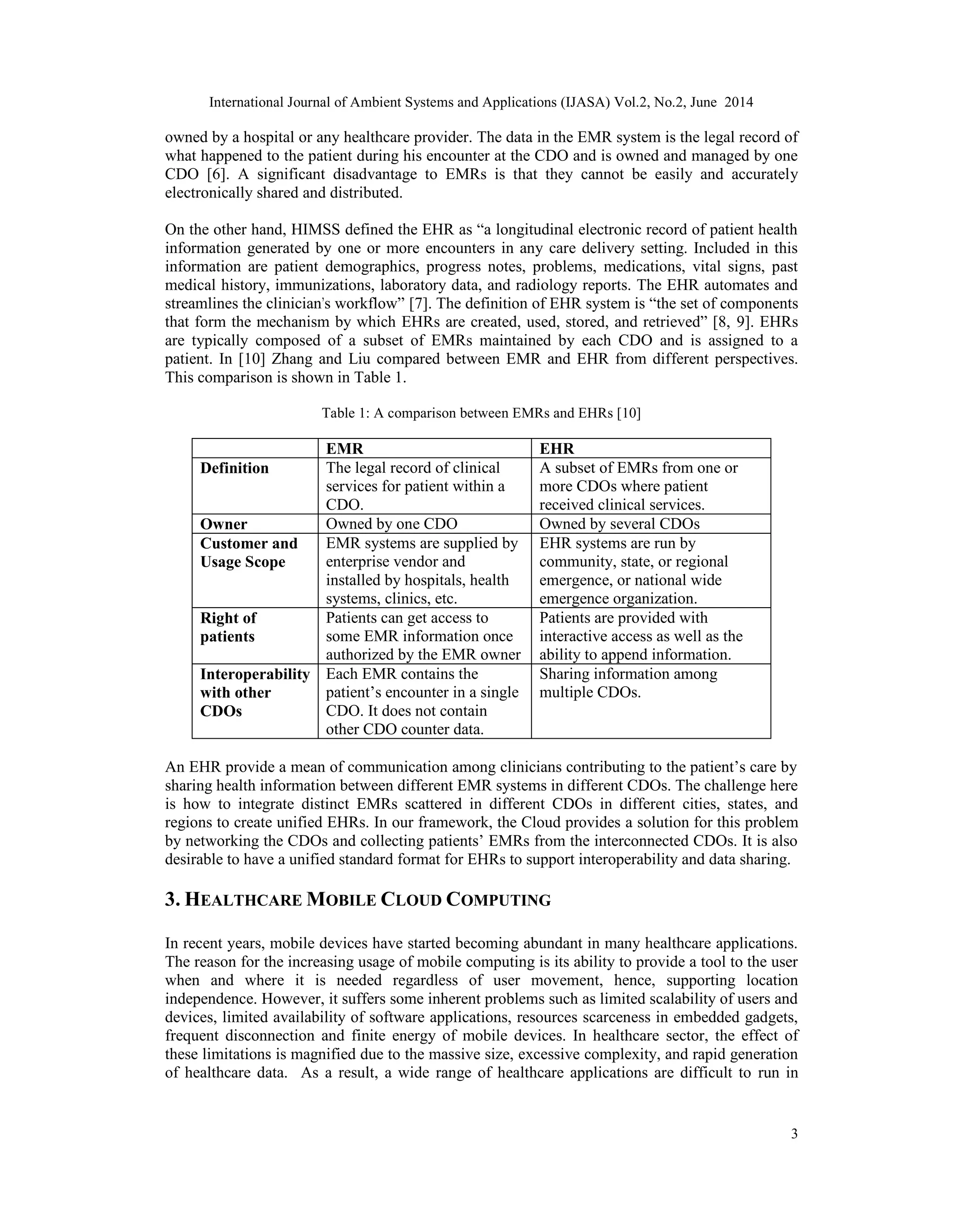 International Journal of Ambient Systems and Applications (IJASA) Vol.2, No.2, June 2014
3
owned by a hospital or any healthcare provider. The data in the EMR system is the legal record of
what happened to the patient during his encounter at the CDO and is owned and managed by one
CDO [6]. A significant disadvantage to EMRs is that they cannot be easily and accurately
electronically shared and distributed.
On the other hand, HIMSS defined the EHR as “a longitudinal electronic record of patient health
information generated by one or more encounters in any care delivery setting. Included in this
information are patient demographics, progress notes, problems, medications, vital signs, past
medical history, immunizations, laboratory data, and radiology reports. The EHR automates and
streamlines the clinician's workflow” [7]. The definition of EHR system is “the set of components
that form the mechanism by which EHRs are created, used, stored, and retrieved” [8, 9]. EHRs
are typically composed of a subset of EMRs maintained by each CDO and is assigned to a
patient. In [10] Zhang and Liu compared between EMR and EHR from different perspectives.
This comparison is shown in Table 1.
Table 1: A comparison between EMRs and EHRs [10]
EMR EHR
Definition The legal record of clinical
services for patient within a
CDO.
A subset of EMRs from one or
more CDOs where patient
received clinical services.
Owner Owned by one CDO Owned by several CDOs
Customer and
Usage Scope
EMR systems are supplied by
enterprise vendor and
installed by hospitals, health
systems, clinics, etc.
EHR systems are run by
community, state, or regional
emergence, or national wide
emergence organization.
Right of
patients
Patients can get access to
some EMR information once
authorized by the EMR owner
Patients are provided with
interactive access as well as the
ability to append information.
Interoperability
with other
CDOs
Each EMR contains the
patient’s encounter in a single
CDO. It does not contain
other CDO counter data.
Sharing information among
multiple CDOs.
An EHR provide a mean of communication among clinicians contributing to the patient’s care by
sharing health information between different EMR systems in different CDOs. The challenge here
is how to integrate distinct EMRs scattered in different CDOs in different cities, states, and
regions to create unified EHRs. In our framework, the Cloud provides a solution for this problem
by networking the CDOs and collecting patients’ EMRs from the interconnected CDOs. It is also
desirable to have a unified standard format for EHRs to support interoperability and data sharing.
3. HEALTHCARE MOBILE CLOUD COMPUTING
In recent years, mobile devices have started becoming abundant in many healthcare applications.
The reason for the increasing usage of mobile computing is its ability to provide a tool to the user
when and where it is needed regardless of user movement, hence, supporting location
independence. However, it suffers some inherent problems such as limited scalability of users and
devices, limited availability of software applications, resources scarceness in embedded gadgets,
frequent disconnection and finite energy of mobile devices. In healthcare sector, the effect of
these limitations is magnified due to the massive size, excessive complexity, and rapid generation
of healthcare data. As a result, a wide range of healthcare applications are difficult to run in
 