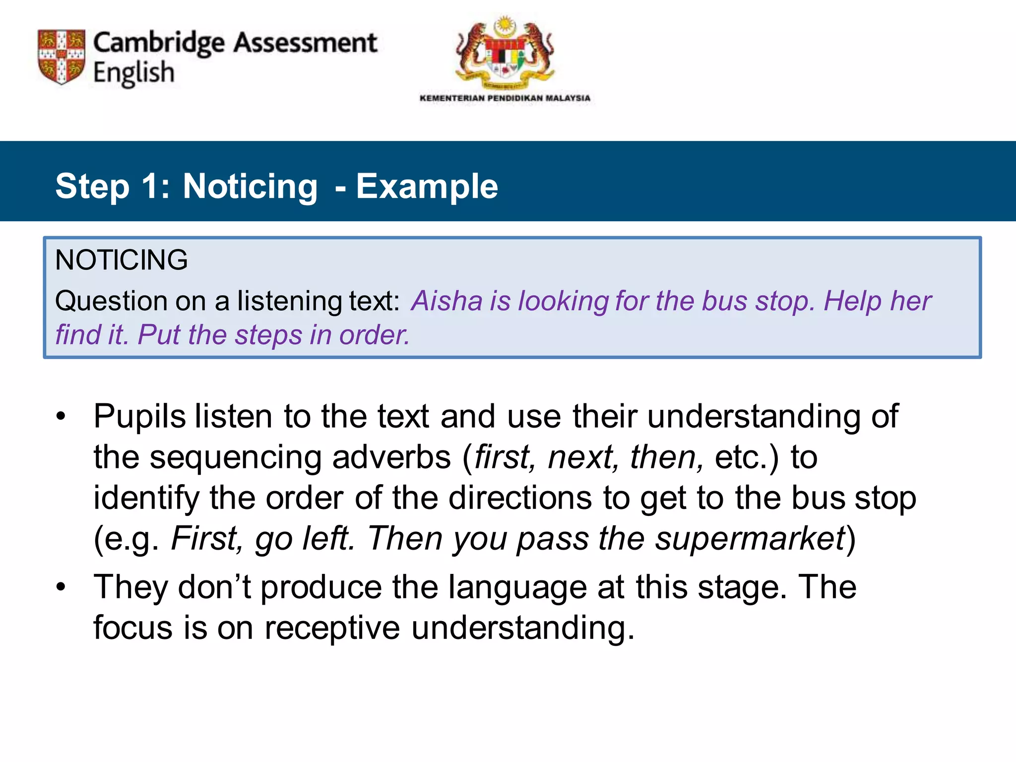 Step 1: Noticing - Example
• Pupils listen to the text and use their understanding of
the sequencing adverbs (first, next, then, etc.) to
identify the order of the directions to get to the bus stop
(e.g. First, go left. Then you pass the supermarket)
• They don’t produce the language at this stage. The
focus is on receptive understanding.
NOTICING
Question on a listening text: Aisha is looking for the bus stop. Help her
find it. Put the steps in order.
 