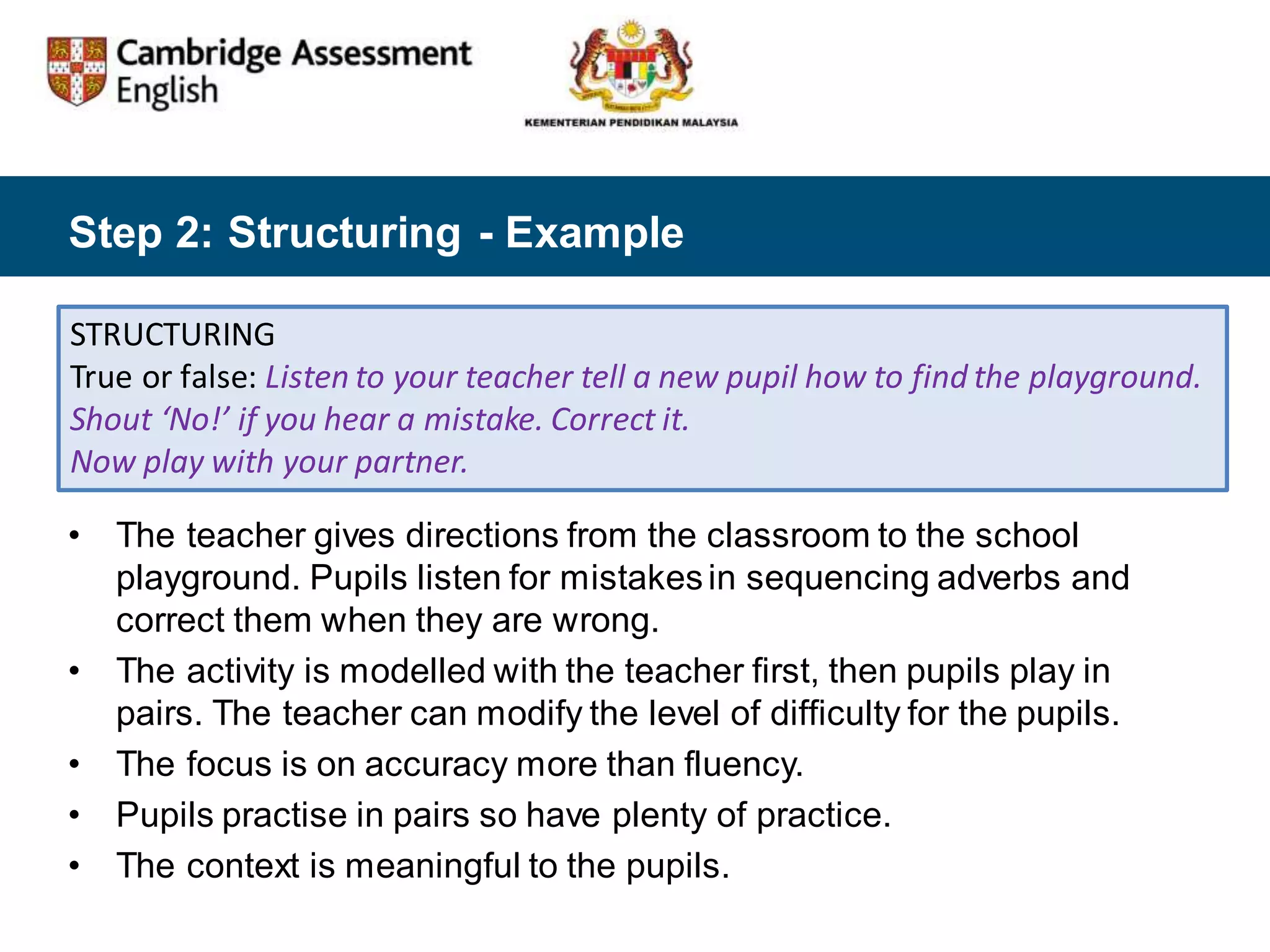 Step 2: Structuring - Example
• The teacher gives directions from the classroom to the school
playground. Pupils listen for mistakesin sequencing adverbs and
correct them when they are wrong.
• The activity is modelled with the teacher first, then pupils play in
pairs. The teacher can modify the level of difficulty for the pupils.
• The focus is on accuracy more than fluency.
• Pupils practise in pairs so have plenty of practice.
• The context is meaningful to the pupils.
STRUCTURING
True or false: Listen to your teacher tell a new pupil how to find the playground.
Shout ‘No!’ if you hear a mistake. Correct it.
Now play with your partner.
 