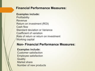 Examples include:
Profitability
Revenue
Return on investment (ROI)
Cash flow
Standard deviation or Variance
Coefficient of variation
Rate of return or return on investment
Working capital
Financial Performance Measures:
Examples include:
Customer satisfaction
Employee satisfaction
Quality
Market share
Number of new products
Non- Financial Performance Measures:
 