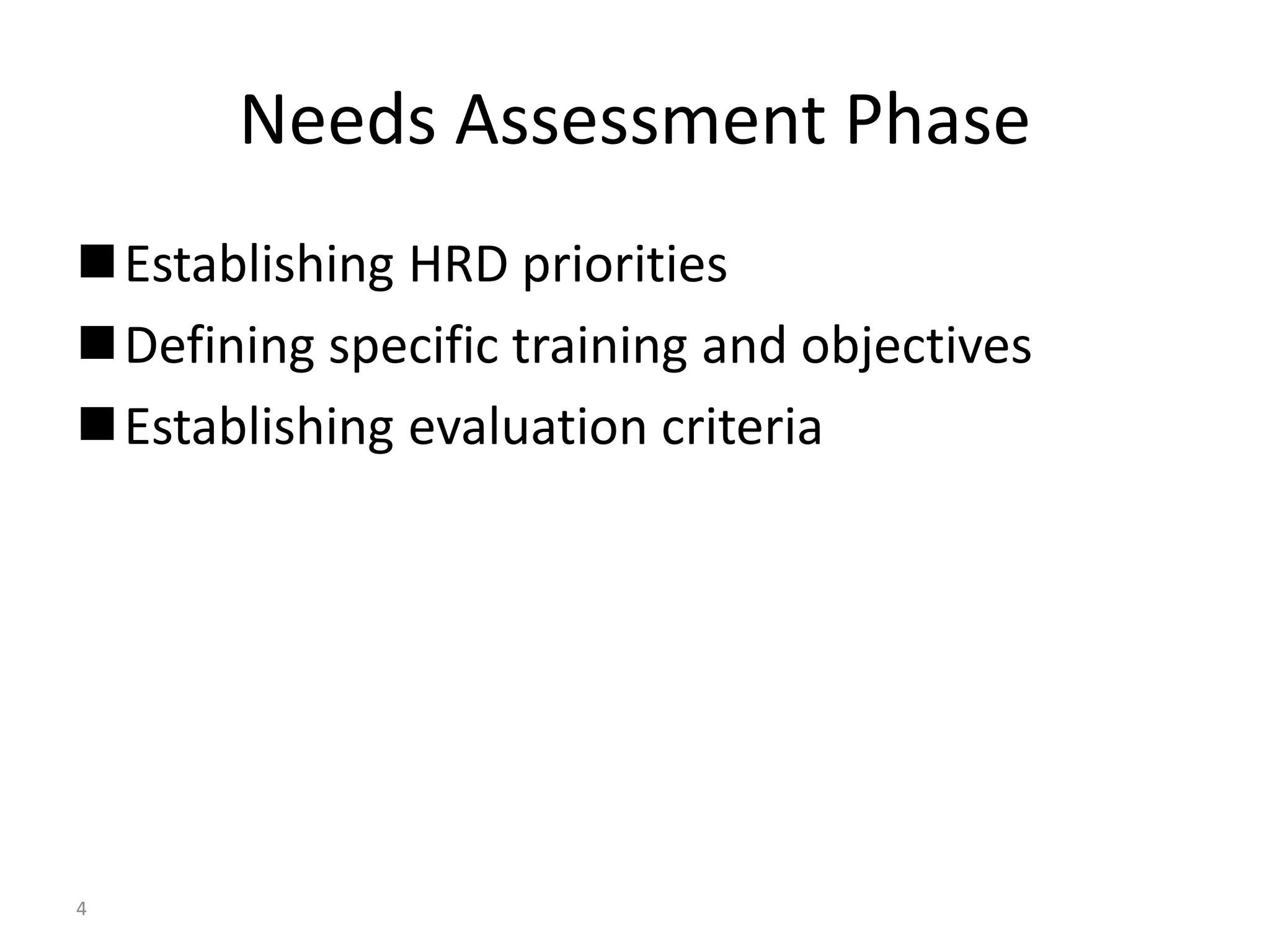 4 
Needs Assessment Phase 
Establishing HRD priorities 
Defining specific training and objectives 
Establishing evaluation criteria 
 