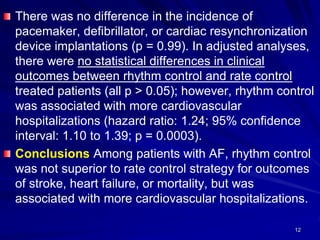 There was no difference in the incidence of
pacemaker, defibrillator, or cardiac resynchronization
device implantations (p = 0.99). In adjusted analyses,
there were no statistical differences in clinical
outcomes between rhythm control and rate control
treated patients (all p > 0.05); however, rhythm control
was associated with more cardiovascular
hospitalizations (hazard ratio: 1.24; 95% confidence
interval: 1.10 to 1.39; p = 0.0003).
Conclusions Among patients with AF, rhythm control
was not superior to rate control strategy for outcomes
of stroke, heart failure, or mortality, but was
associated with more cardiovascular hospitalizations.
12
 