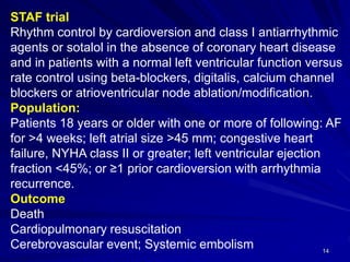 14
STAF trial
Rhythm control by cardioversion and class I antiarrhythmic
agents or sotalol in the absence of coronary heart disease
and in patients with a normal left ventricular function versus
rate control using beta-blockers, digitalis, calcium channel
blockers or atrioventricular node ablation/modification.
Population:
Patients 18 years or older with one or more of following: AF
for >4 weeks; left atrial size >45 mm; congestive heart
failure, NYHA class II or greater; left ventricular ejection
fraction <45%; or ≥1 prior cardioversion with arrhythmia
recurrence.
Outcome
Death
Cardiopulmonary resuscitation
Cerebrovascular event; Systemic embolism
 