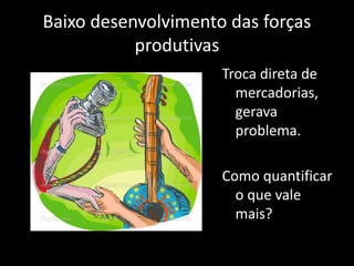 Baixo desenvolvimento das forças
produtivas
Troca direta de
mercadorias,
gerava
problema.
Como quantificar
o que vale
mais?
 