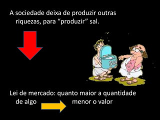 A sociedade deixa de produzir outras
riquezas, para “produzir” sal.
Lei de mercado: quanto maior a quantidade
de algo menor o valor
 