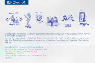 INNOVATION
Jesse McWaters, Financial Innovation Lead, World Economic Forum
WORLD ECONOMIC FORUM: FUTURE OF FINANCIAL SERVICES
Distributed ledger technologies, like blockchain, could dramatically reshape financial products and processes.
They could redraw the map of financial services; even be used to usher in the cashless society. But it is not yet
clear what will differentiate winners and losers. The questions to ask are whether incumbent institutions can rely
on regulators to help protect their core business; what building blocks are necessary for successful incumbent
and new entrant collaboration; and how to attract and nurture the talent to meet the challenges of tomorrow.
 