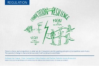 REGULATION
Professor Ian Harper, Chair, Competition Policy Review, and Partner, Deloitte Access Economics
PERSPECTIVES ON THE IMPORTANCE OF COMPETITION FOR INNOVATION AND EFFICIENCY IN FINANCIAL MARKETS
There is choice and competition in what we do. Consumers are the guiding principle of competition and choice.
The speed of change is fast and furious and it will continue to accelerate.
 
