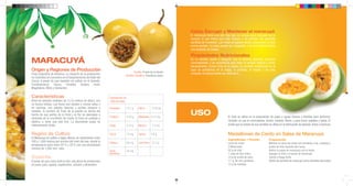 Cómo Escoger y Mantener el maracuyá
                                                                                                                   El maracuyá tiene una piel lisa que se arruga poco después de la
                                                                                                                   compra, lo que indica que está madura y ha perdido una pequeña
                                                                                                                   cantidad de humedad. Las frutas arrugadas deben consumirse lo más
                                                                                                                   pronto posible. La pulpa puede ser congelada, y en este estado tendrá
                                                                                                                   una duración de meses.
                                                                                                                   Propiedades Nutricionales
MARACUYÁ                                                                                                           Es un laxante, ayuda a asegurar que el sistema digestivo funciona
                                                                                                                   correctamente, y se recomienda para bajar la presión arterial y como
                                                                                                                   tranquilizante. Comer fruta de la pasión es también beneficioso en el
Origen y Regiones de Producción                                                   Familia: Frutas de la Pasión
                                                                                                                   caso de problemas de la vejiga, la próstata, el hígado y las vías
Fruta originaria de América. La mayoría de la producción                                                           urinarias. Es buena fuente de vitamina C.
                                                                            Nombre Científico: Passiflora edulis
en Colombia se concentra en el Departamento del Valle del
Cauca, a pesar de que también se cultiva en el Quindío,
Cundinamarca, Cauca, Córdoba, Guajira, Huila,
Magdalena, Meta y Santander.

Características                                                Composición en
Árbol de tamaño mediano de 3 a 8 metros de altura, con         100g de pulpa
un tronco leñoso. Las flores son axiales y crecen solas o
en racimos, con pétalos blancos y puntos púrpura o             Humedad          75.1 g   Hierro          0.16 mg
rosados. El nombre de fruta de la pasión se deriva del
hecho de que partes de la fruta y la flor se asemejan a
                                                               Proteína         2.20 g   Riboflavina 0.13 mg
                                                                                                                   USO                           El fruto se utiliza en la preparación de jugos y aguas frescas y bebidas para perfumar.
                                                                                                                                                                                   ión                       frescas
símbolos de la crucifixión de Cristo. El fruto es ovalado o
elíptico, y tiene una piel fina. La abundante pulpa es                                                                                                                             li      h l d fl                  h         tl       t t
                                                                                                                                                 También se usa en mermeladas, licores, helados, flanes, y para hacer pasteles y tartas. El
relativamente ácida.                                           Grasa            0.70 g   Niacina         1.5 mg                                  aceite que se extrae de sus semillas se utiliza en la fabricación de jabones, tintas y barnices.


Región de Cultivo                                              Calcio           13 mg    Ceniza          0.8 g                                   Medallones de Cerdo en Salsa de Maracuyá
El Maracuya se cultiva a bajas alturas, en elevaciones entre
                                                                                                                                                 Ingredientes 1 Porción                Preparación
300 y 1,000 metros por encima del nivel del mar, donde la      Fósforo          64 mg    Carbohidratos   21.2 g                                  Lomo de cerdo                         Marinar la carne de cerdo con pimienta y sal, mostaza y
temperatura varía entre 25°C y 35°C con una pluviosidad
                                                                                                                                                 2 Maracuyás                           aceite de oliva durante dos horas.
mínima de 1,200 mm. /año.
                                                               Ácido            30 mg                                                            50 g de miel                          Retirar la pulpa de maracuyá con la mano.
                                                               Ascorbico                                                                         1 copa de licor dulce                 Agregar la miel y el azúcar al maracuyá.
Cosecha                                                                                                                                          10 g de aceite de oliva               Cocine a fuego lento.
A pesar de que crece todo el año, hay picos de producción                                                                                        1/1 g. de sal y pimienta              Añadir las semillas de maracuyá como elemento decorativo.
en junio, julio, agosto, septiembre, octubre y diciembre.                                                                                        10 g de mostaza
 