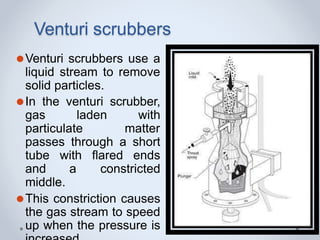 Venturi scrubbers
⚫Venturi scrubbers use a
liquid stream to remove
solid particles.
⚫In the venturi scrubber,
gas laden with
particulate matter
passes through a short
tube with flared ends
and a constricted
middle.
⚫This constriction causes
the gas stream to speed
up when the pressure is
 