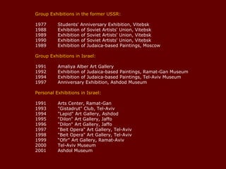 Group Exhibitions in the former USSR:

1977      Students' Anniversary Exhibition, Vitebsk
1988      Exhibition of Soviet Artists' Union, Vitebsk
1989      Exhibition of Soviet Artists' Union, Vitebsk
1990      Exhibition of Soviet Artists' Union, Vitebsk
1989      Exhibition of Judaica-based Paintings, Moscow

Group Exhibitions in Israel:

1991      Amaliya Alber Art Gallery
1992      Exhibition of Judaica-based Paintings, Ramat-Gan Museum
1994      Exhibition of Judaica-based Paintings, Tel-Aviv Museum
1997      Anniversary Exhibition, Ashdod Museum

Personal Exhibitions in Israel:

1991      Arts Center, Ramat-Gan
1993      "Gistadrut" Club, Tel-Aviv
1994      "Lapid" Art Gallery, Ashdod
1995      "Dilon" Art Gallery, Jaffo
1996      "Dilon" Art Gallery, Jaffo
1997      "Beit Opera" Art Gallery, Tel-Aviv
1998      "Beit Opera" Art Gallery, Tel-Aviv
1999      “Ofir" Art Gallery, Ramat-Aviv
2000      Tel-Aviv Museum
2001      Ashdol Museum
 