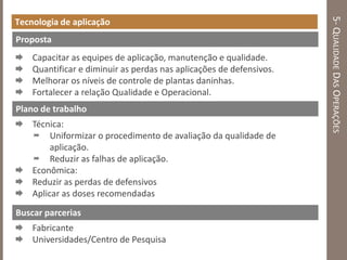 5-QUALIDADEDASOPERAÇÕES
Tecnologia de aplicação
 Capacitar as equipes de aplicação, manutenção e qualidade.
 Quantificar e diminuir as perdas nas aplicações de defensivos.
 Melhorar os níveis de controle de plantas daninhas.
 Fortalecer a relação Qualidade e Operacional.
 Técnica:
 Uniformizar o procedimento de avaliação da qualidade de
aplicação.
 Reduzir as falhas de aplicação.
 Econômica:
 Reduzir as perdas de defensivos
 Aplicar as doses recomendadas
 Fabricante
 Universidades/Centro de Pesquisa
Proposta
Plano de trabalho
Buscar parcerias
 