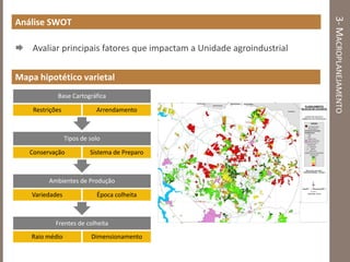 3-MACROPLANEJAMENTO
Análise SWOT
 Avaliar principais fatores que impactam a Unidade agroindustrial
Mapa hipotético varietal
Frentes de colheita
Raio médio Dimensionamento
Ambientes de Produção
Variedades Época colheita
Tipos de solo
Conservação Sistema de Preparo
Base Cartográfica
Restrições Arrendamento
 