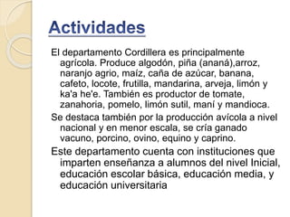 El departamento Cordillera es principalmente
agrícola. Produce algodón, piña (ananá),arroz,
naranjo agrio, maíz, caña de azúcar, banana,
cafeto, locote, frutilla, mandarina, arveja, limón y
ka'a he'e. También es productor de tomate,
zanahoria, pomelo, limón sutil, maní y mandioca.
Se destaca también por la producción avícola a nivel
nacional y en menor escala, se cría ganado
vacuno, porcino, ovino, equino y caprino.
Este departamento cuenta con instituciones que
imparten enseñanza a alumnos del nivel Inicial,
educación escolar básica, educación media, y
educación universitaria
 