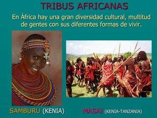 TRIBUS AFRICANAS
En África hay una gran diversidad cultural, multitud
   de gentes con sus diferentes formas de vivir.




SAMBURU (KENIA)           MASAI   (KENIA-TANZANIA)
 