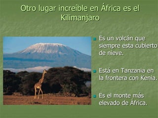 Otro lugar increíble en África es el
            Kilimanjaro

                        Es un volcán que
                         siempre esta cubierto
                         de nieve.

                        Está en Tanzania en
                         la frontera con Kenia.

                        Es el monte más
                         elevado de África.
 