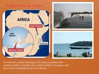 Largest lake in Africa




Its extensive surface belongs to the three countries; the
northern half to Uganda, the southern half to Tanzania, and
part of the northeastern sector to Kenya
 
