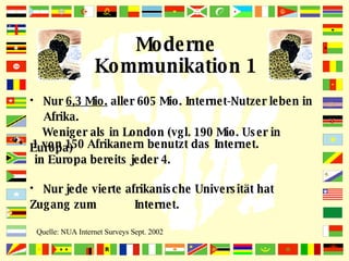 Moderne Kommunikation 1 Nur  6,3 Mio.  aller 605 Mio. Internet-Nutzer leben in  Afrika.    Weniger als in London (vgl. 190 Mio. User in Europa) 1 von 150 Afrikanern benutzt das Internet.   in Europa bereits jeder 4. Quelle: NUA Internet Surveys Sept. 2002 Nur jede vierte afrikanische Universität hat Zugang zum  Internet. 