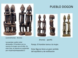 PUEBLO DOGON (contrafrente)  (frente) Las parejas suelen estar abrazadas. El hombre con su carcaj y la mujer con el niño. En este caso, el asiento es sostenido por mujeres(antepasados?) (frente)  (perfil) Pareja. El hombre toma a la mujer. Estas figuras tiene un gran sentido del equilibrio y de estilización 