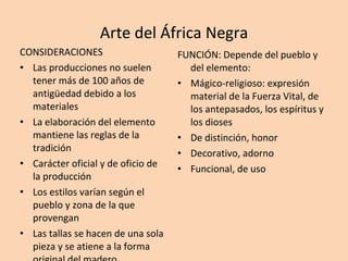 Arte del África Negra CONSIDERACIONES Las producciones no suelen tener más de 100 años de antigüedad debido a los materiales La elaboración del elemento mantiene las reglas de la tradición Carácter oficial y de oficio de la producción Los estilos varían según el pueblo y zona de la que provengan Las tallas se hacen de una sola pieza y se atiene a la forma original del madero FUNCIÓN: Depende del pueblo y del elemento: Mágico-religioso: expresión material de la Fuerza Vital, de los antepasados, los espíritus y los dioses De distinción, honor Decorativo, adorno Funcional, de uso  
