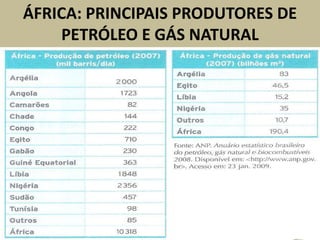ÁFRICA: PRINCIPAIS PRODUTORES DE
PETRÓLEO E GÁS NATURAL
 