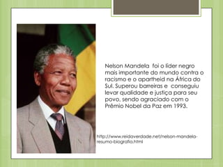 Nelson Mandela foi o líder negro
mais importante do mundo contra o
racismo e o apartheid na África do
Sul. Superou barreiras e conseguiu
levar qualidade e justiça para seu
povo, sendo agraciado com o
Prêmio Nobel da Paz em 1993.

http://www.reidaverdade.net/nelson-mandelaresumo-biografia.html

 