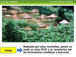 IV- Unidad : GEOGRAFÍA I.E.P «Nuestra Señora de Guadalupe»
Congo
Rodeada por altas montañas, posee un
suelo es muy fértil y se caracteriza por
las formaciones selváticas y boscosas
 