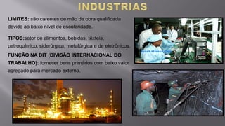 LIMITES: são carentes de mão de obra qualificada
devido ao baixo nível de escolaridade.
TIPOS:setor de alimentos, bebidas, têxteis,
petroquímico, siderúrgica, metalúrgica e de eletrônicos.
FUNÇÃO NA DIT (DIVISÃO INTERNACIONAL DO
TRABALHO): fornecer bens primários com baixo valor
agregado para mercado externo.
 