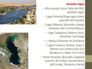 Grandes lagos
 Alta meseta, Gran Valle del Rift,
grandes lagos
 Lago Victoria(2lago agua dulce
+grande del mundo)
 Lagos Alberto, Eduardo y Kyoga
afluentes del río Nilo Blanco.
 Lago Tanganica, Moero, Kivu,
afluentes río Congo
 L. Malaui afluente río Zambeze
 Lagos Turkana, Rukwa, Eyasi y
Natron son endorreicos (no
desaguan a nigún río o mar)
 Países Ruanda, Burundi y Uganda
y partes de la Rep. Democrática
del Congo, Tanzania y Kenia
 