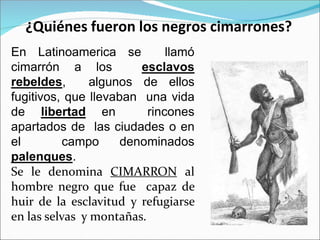 ¿Quiénes fueron los negros cimarrones?
En Latinoamerica se llamó
cimarrón a los esclavos
rebeldes, algunos de ellos
fugitivos, que llevaban una vida
de libertad en rincones
apartados de las ciudades o en
el campo denominados
palenques.
Se le denomina CIMARRON al
hombre negro que fue capaz de
huir de la esclavitud y refugiarse
en las selvas y montañas.
 