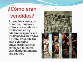¿Cómo eran
vendidos?
En América, miles de
hombres, mujeres y
niños, eran vendidos a
los hacendados y
citadinos españoles en
los llamados mercados
de trata. Para este fin
eran exhibidos
encadenados apenas
arribaban mientras
eran denigrantemente
subastados.
 