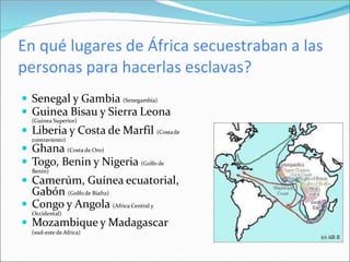 En qué lugares de África secuestraban a las
personas para hacerlas esclavas?
 Senegal y Gambia (Senegambia)
 Guinea Bisau y Sierra Leona
(Guinea Superior)
 Liberia y Costa de Marfil (Costade
contraviento)
 Ghana (Costa de Oro)
 Togo, Benin y Nigeria (Golfo de
Benin)
 Camerúm, Guínea ecuatorial,
Gabón (Golfo de Biafra)
 Congo y Angola (Africa Central y
Occidental)
 Mozambique y Madagascar
(sud-este de Africa)
 