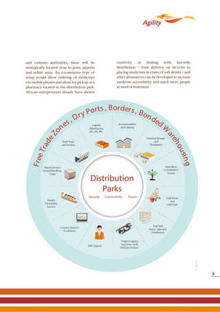 and customs authorities, these will be
strategically located close to ports, airports
and urban areas. An e-commerce type of
setup would allow ordering of medicines
via mobile phones and allow for pickup at a
pharmacy located in the distribution park.
African entrepreneurs already have shown
creativity in dealing with last-mile
distribution – from delivery on bicycles to
placing medicines in crates of soft drinks – and
other alternatives can be developed to increase
medicine accessibility and reach more people
in need of treatment.
©Agility
9
 