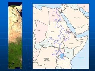 Bacia do Rio NiloRio Nilo  (2º maior do mundo em extensão - 6 627,15 km) que nasce no  Lago  Vitória (Nilo Branco)  e  corre  sempre para  o  norte  atravessando  o  Deserto  do  Saara  até terminar numa foz em delta no Mar Mediterrâneo. No Sudão é chamado de Nilo AzulEsse rio sempre foi muito importante por permitir a fertilização dos solos em suas margens no período de cheias, garantindo a agricultura ao longo de seu vale. O período chuvoso, de junho a setembro, marca as cheias, que atualmente são controladas pelas represas de Assuã e Assiut.A construção de usinas hidrelétricas   pelo   governo   egípcio   alterou   o   esquema   natural   de transbordamentos  e  fertilização  das  margens,  regularizando  o  volume  de águas desse rio ao longo do ano. Torna-se necessário a aplicação de adubos e fertilizantes  no  solo  e  a  montagem  de  uma  rede  de  irrigação  permanente. Assim,  a  agricultura  passou  a  ser  acessível  para  quem  possui  capital.  Os pequenos camponeses viram-se obrigados a abandonar a tradicional atividade da qual viviam e engrossar o êxodo rural em direção à cidade do Cairo