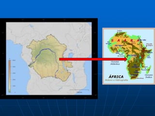 Bacia do Rio CongoO Rio Congo é o de maior volume de água na África (2º do mundo). Atravessa regiões equatoriais de chuvas intensas cortando duas vezes o Equador antes de se dirigir para o Atlântico.Nasce em Shaba, na Rep. Democrática do Congo, no Lago Bangüê e recebe as águas do Lago Tanganica. Deságua no Atlântico, em Angola. Segundo rio mais extenso da África com 4.600 KmPossui um dos maiores potenciais hidroelétricos do mundo; em seu curso médio encontramos as cachoeiras de Livingstone, com cerca de 32 quedas.Regime dependente das chuvas equatoriaisBacia coberta por florestas equatoriais